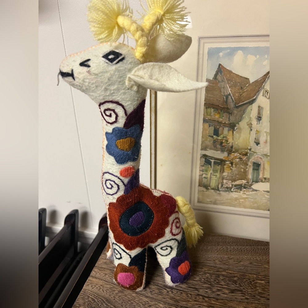 Boho Folk Art Floral Embroidered Giraffe Handmade Felt Stuffed Animal Plush